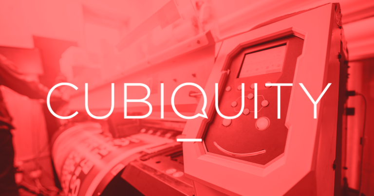 Cubiquity Logo on Coral Background Overlaying Print Machinery