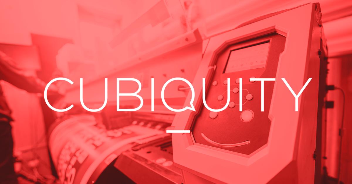 Cubiquity Logo on Coral Background Overlaying Print Machinery