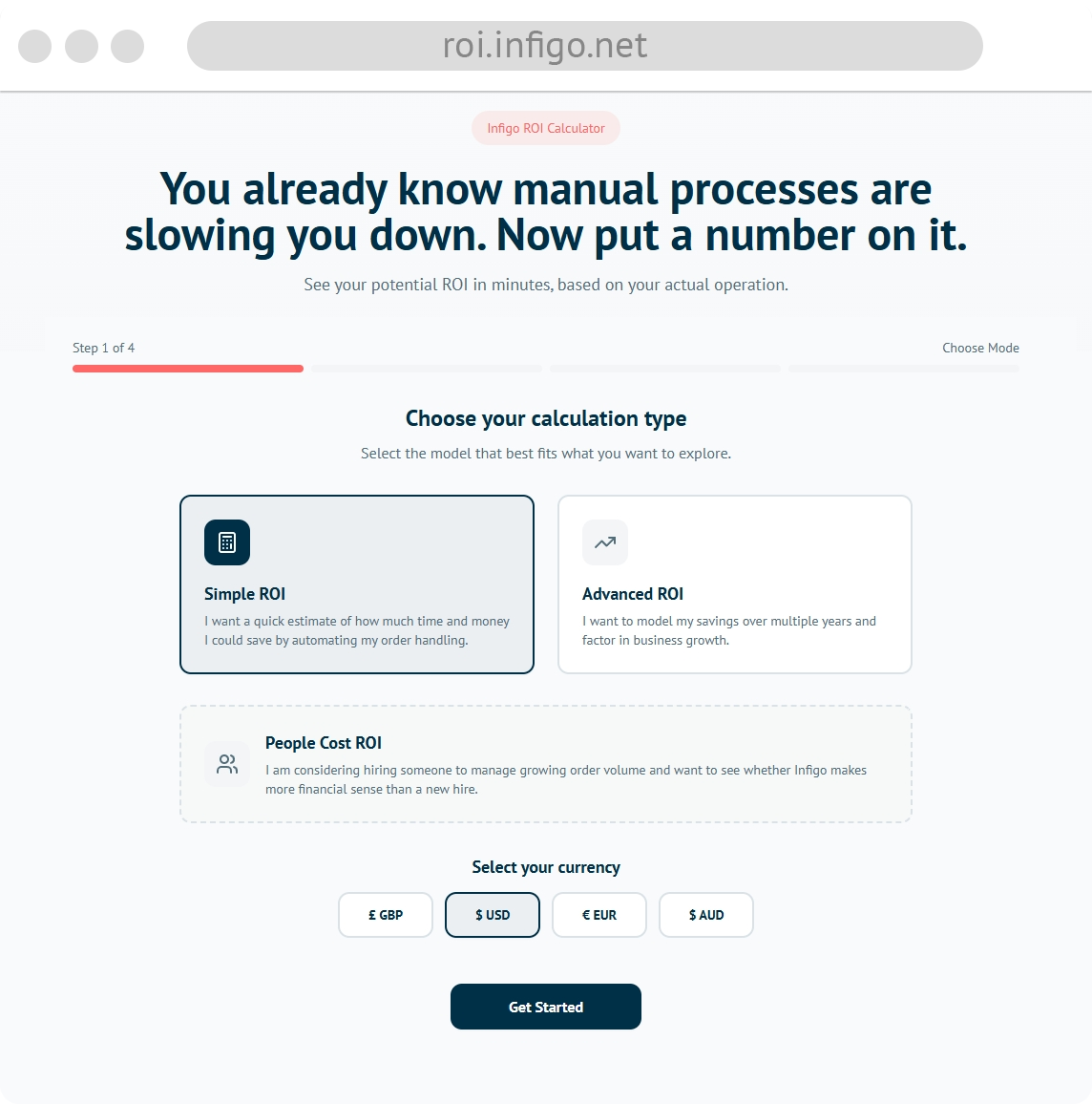 Infigo ROI calculator showing estimated time and cost savings for print businesses
