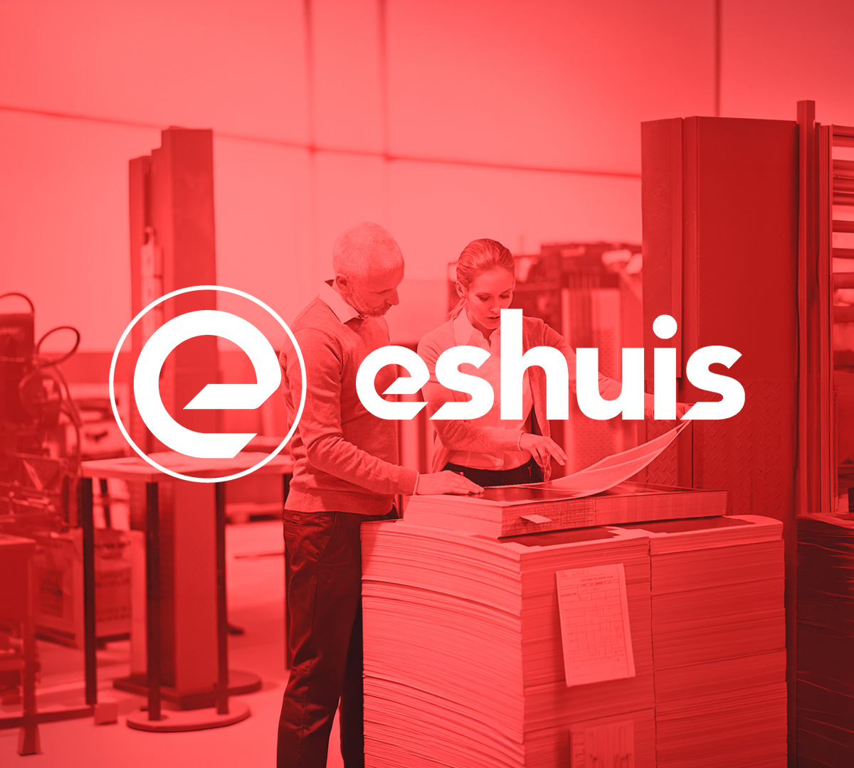 Eshuis logo on top of coral overlay image of print operators working